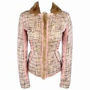 Roberto Cavalli Size 40 Rose/Champagne/Gold Tweed Satin Fur & Leather Blazer